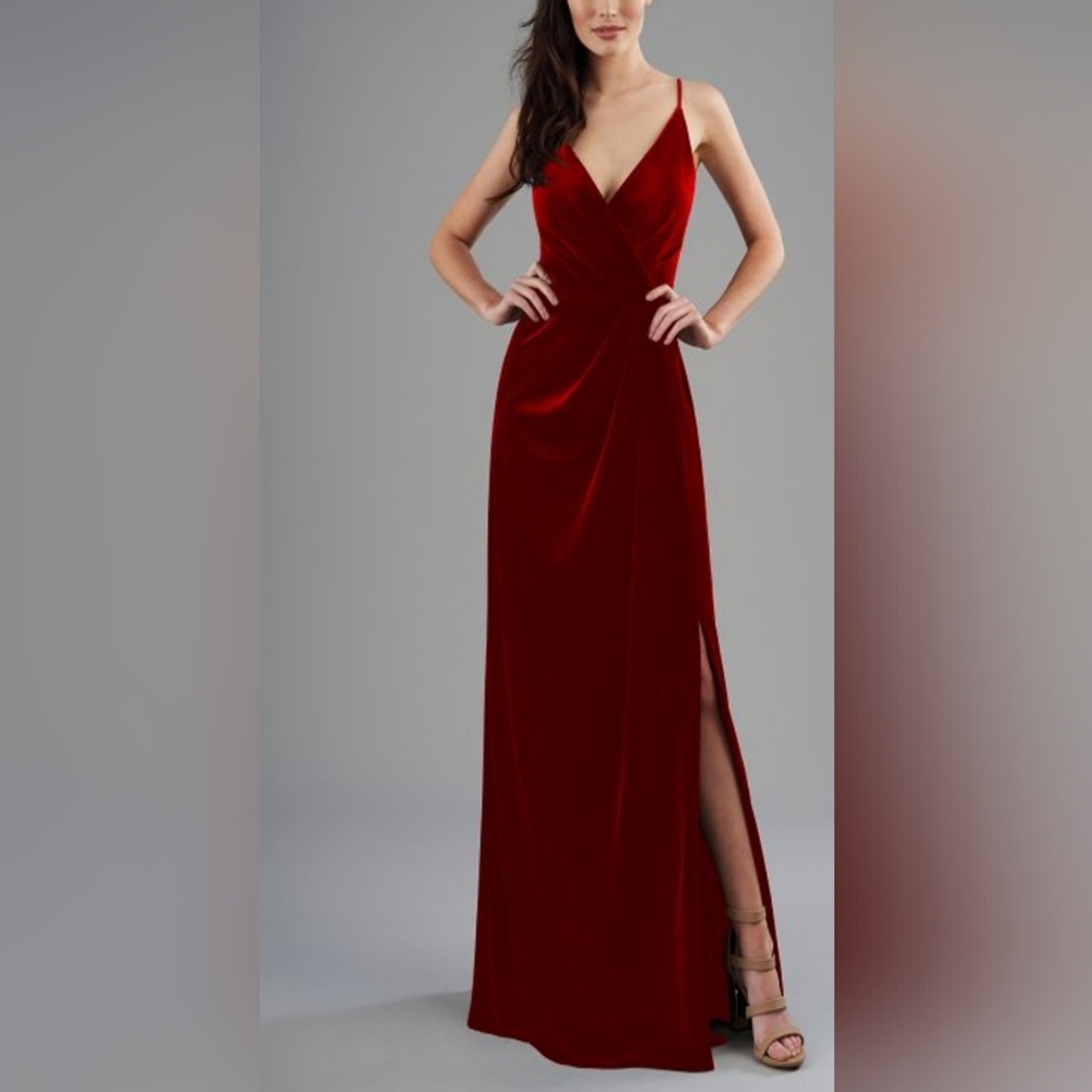 B2 Jasmine V-neck Spaghetti Strap Velvet Long Formal Dress.